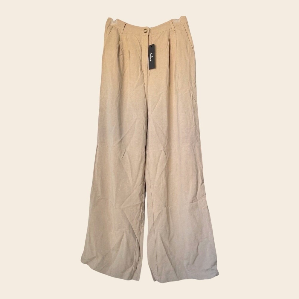 Lulus Tan Linen Blend Wide Leg Pleated Trousers High Waisted Pants Small NWT - Picture 1 of 11